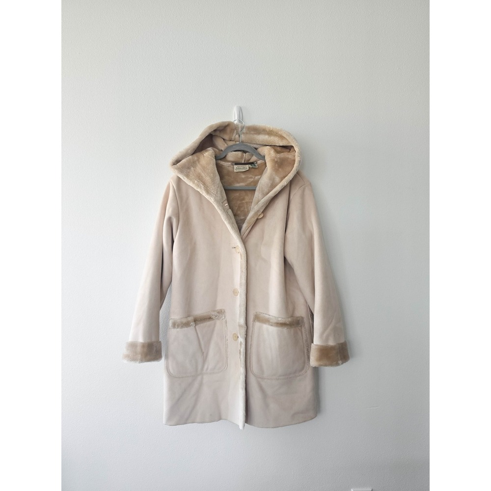 St Johns Bay Faux Shearling Hooded Coat Beige Tan Faux Fur Lined Jacket Medium